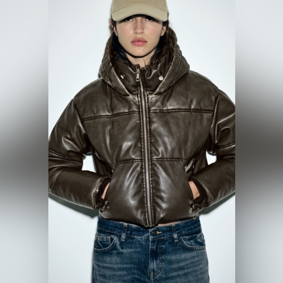 Zara Jackets & Blazers - Zara FAUX LEATHER CROPPED PUFFER ANORAK. Brown. Sizes XS, S. New with Tags.